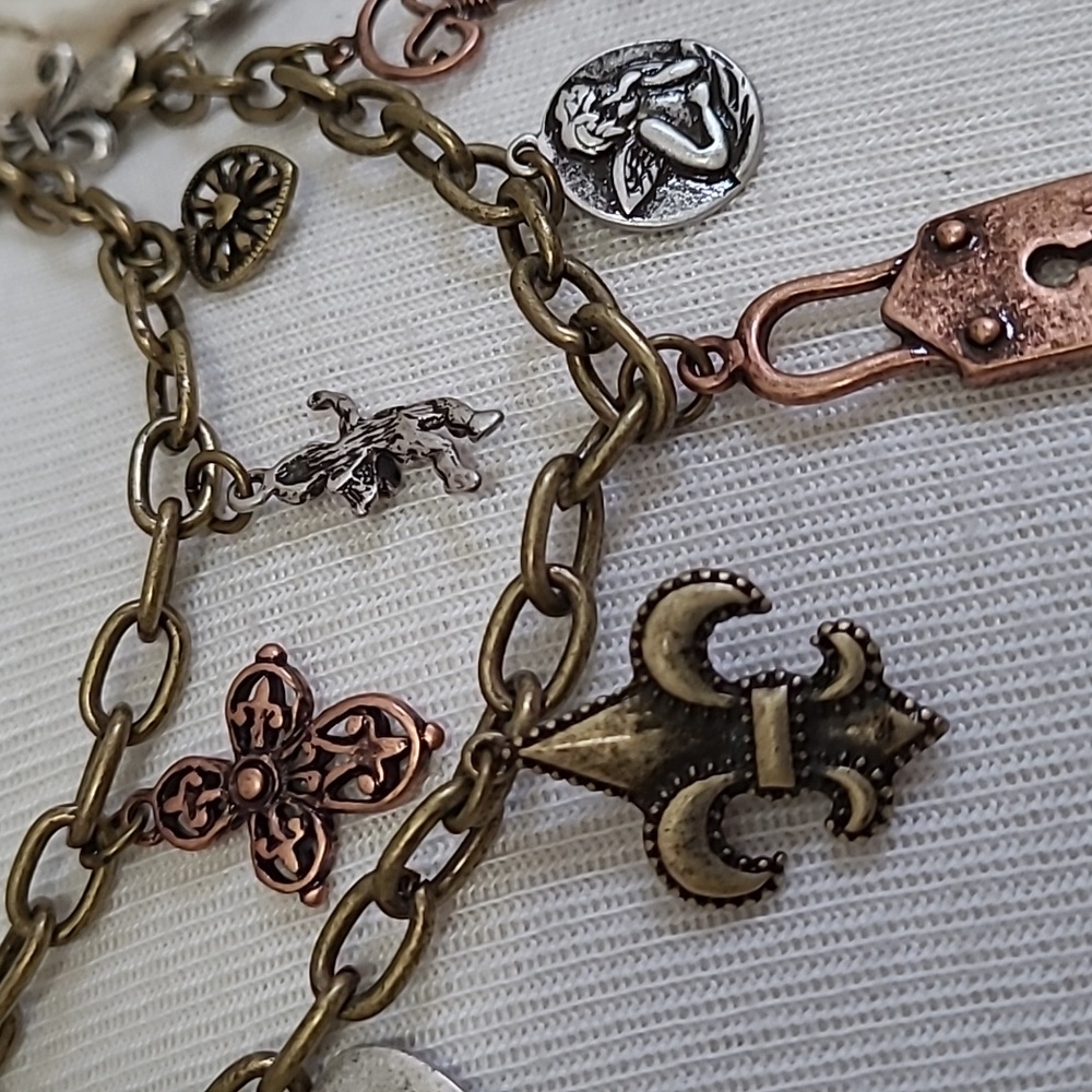 Charms Pendant Necklace 2 Strand Lock Key Fleur-de-lis Cherub Gold Silver Bronze - Picture 7 of 10